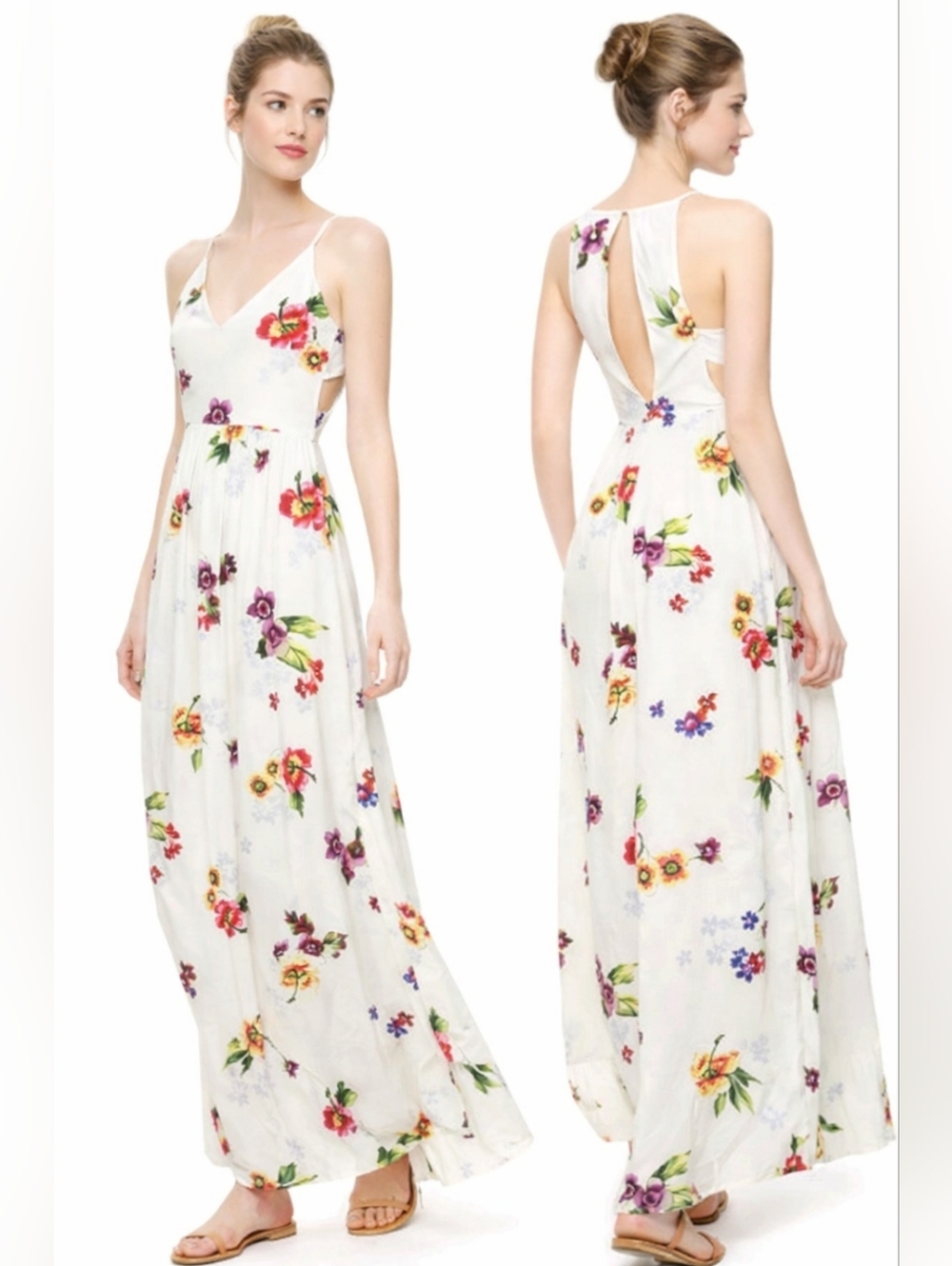 ZARA Trafaluc Floral Maxi Dress Open Back Boho Flowy Sleeveless Size Medium